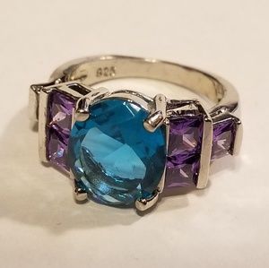 VINTAGE Neon Blue Apatite & Amethyst Silver Ring